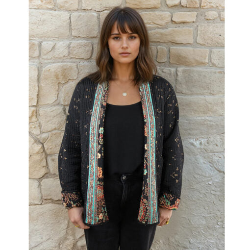 Black, Blue & Red Paisley Floral Quilted Reversible Jacket
