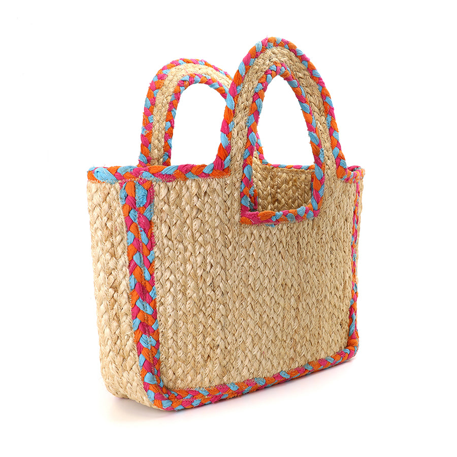 Multicolour plaited edge jute shopper