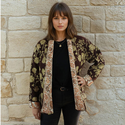 Cream, Terracotta & Gold Quilted Reversible Jacket