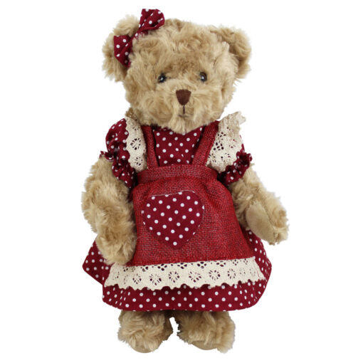Teddy wearing red and white polka dot dress