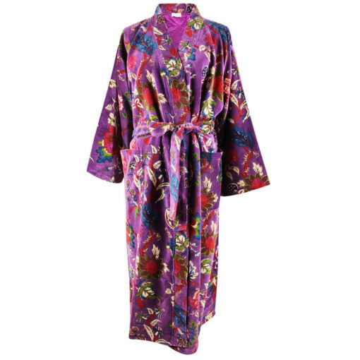 Velvet Purple Floral Print Dressing Gown With Satin Lining