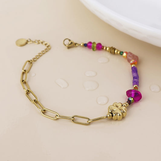 Waterproof gold plated purple mix flower charm bracelet