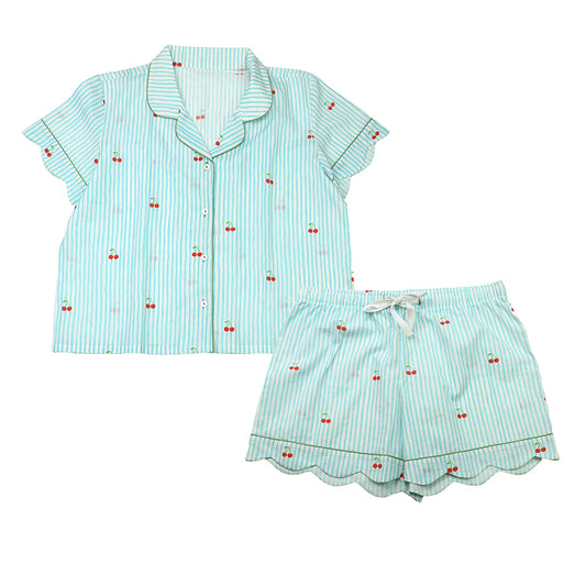 Blue stripe and cherry print blouse and shorts pyjama set - lge
