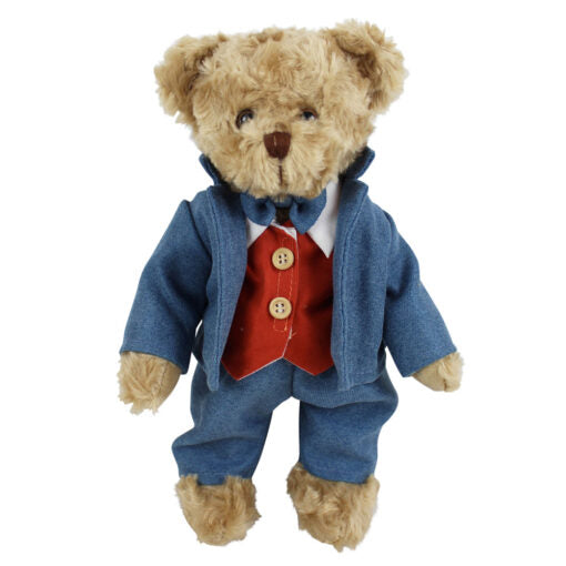Teddy wearing a blue suit and red waistcoat