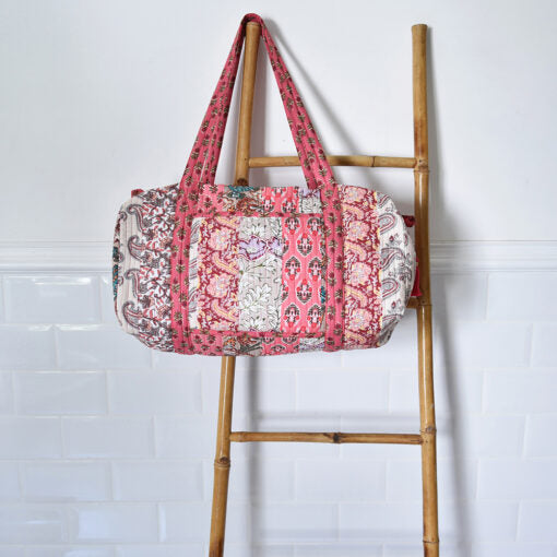Red and Pink Quilted Duffle Bag