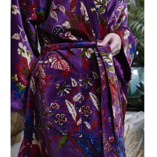 Velvet Purple Floral Print Dressing Gown With Satin Lining