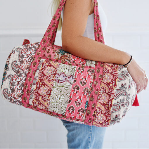 Red and Pink Quilted Duffle Bag