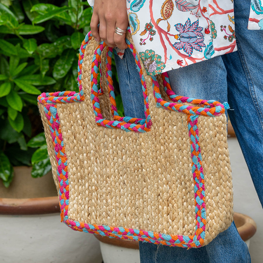 Multicolour plaited edge jute shopper