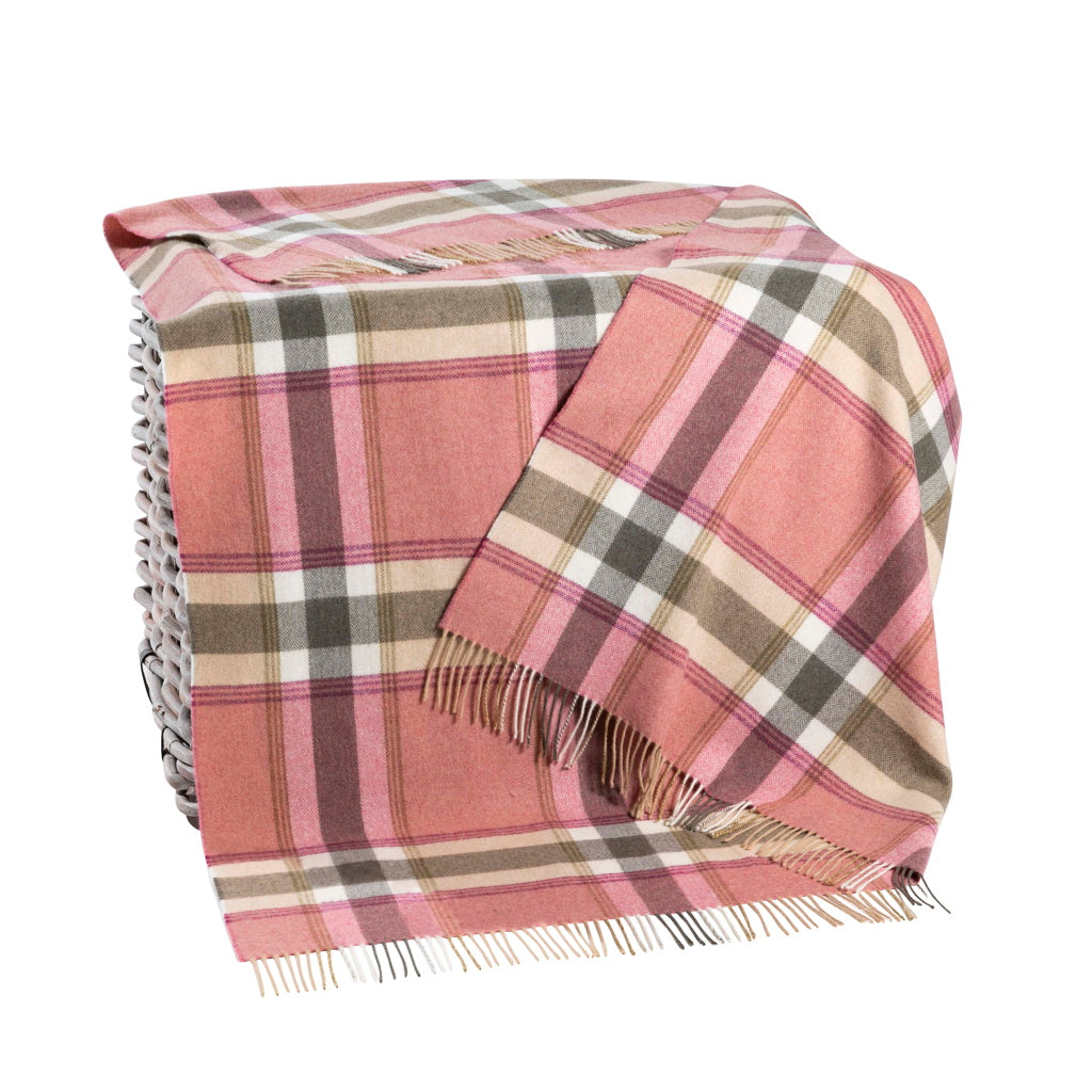 John Hanly Lambswool Throw Pink Beige Loden Guard Check